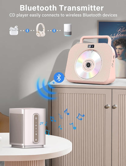 Gracioso Desktop-CD-Player mit zwei Lautsprechern, FM-Radio, Bluetooth, Fernbedienung,Rosa
