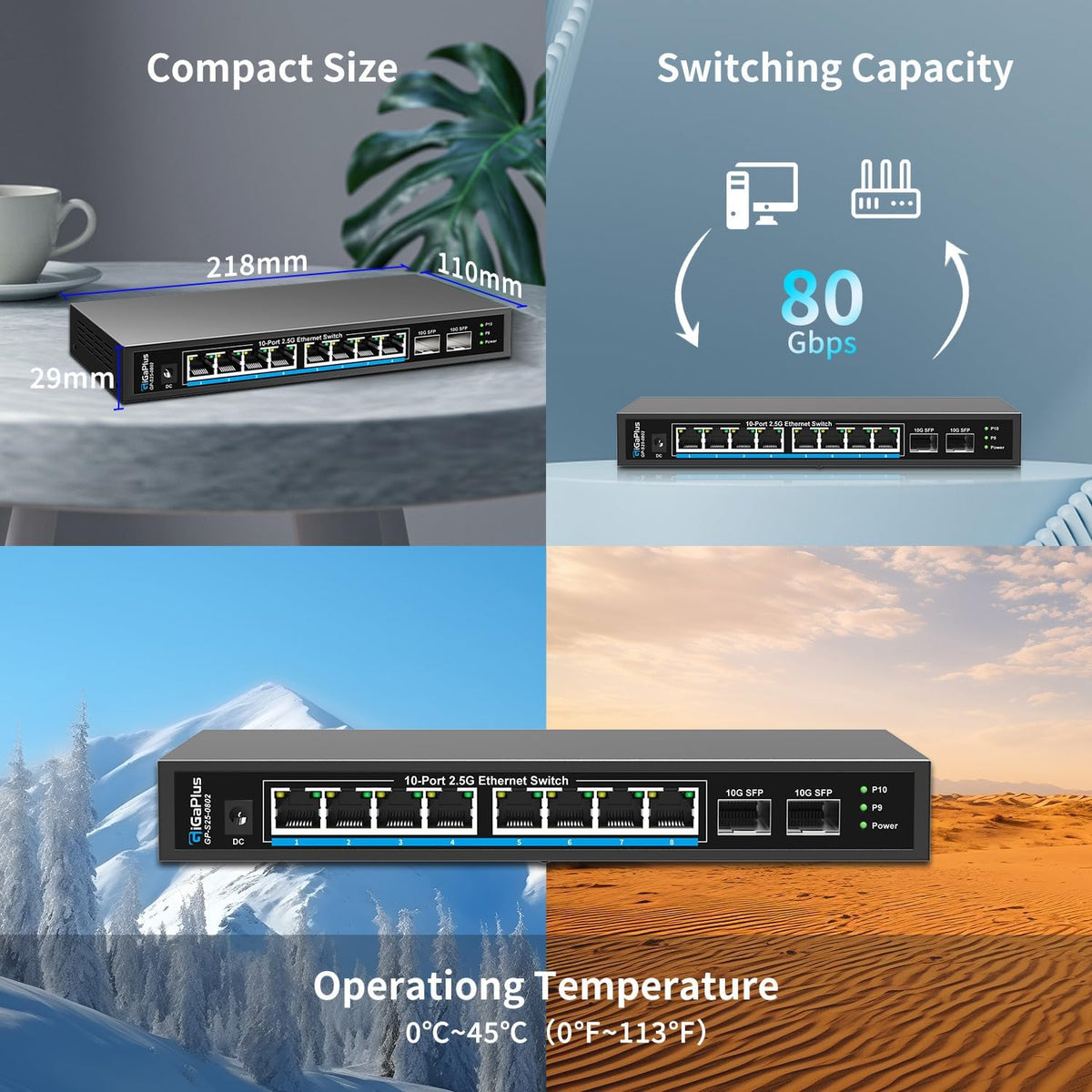 GigaPlus 10 Port 2.5Gb Unmanaged Ethernet Switch mit 8* 2.5G Base-T Ports