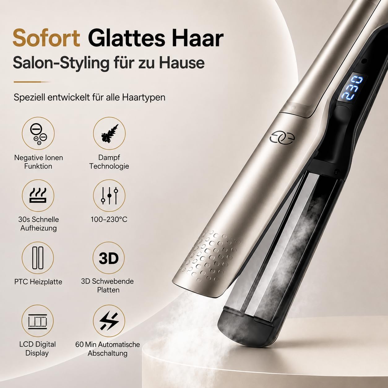 Golden Goods Steampod Glätteisen Locken Lockenstab und Glätteisen 2-in-1 42mm