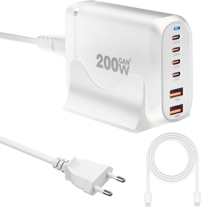 200W USB C Ladegerät Mehrfach, 6 Ports (4C + 2A) GaN III Schnellladegerät