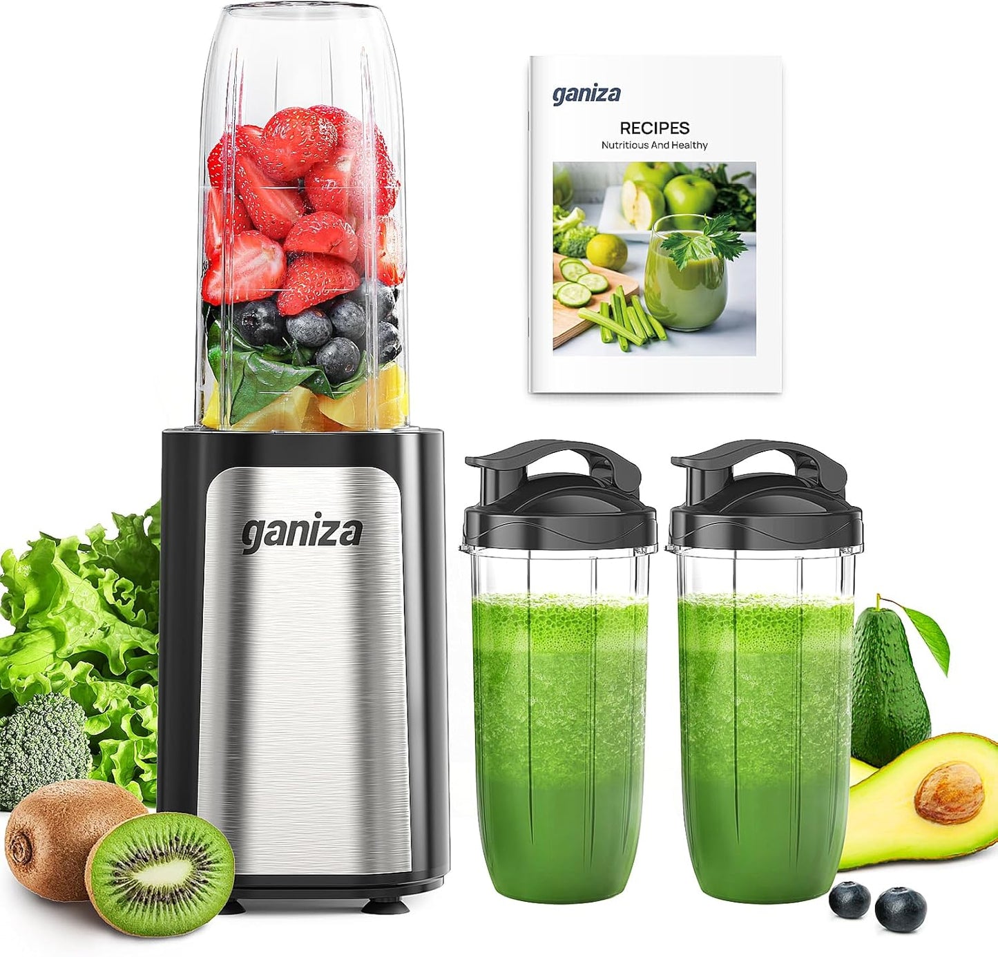 Ganiza Mixer, 900W Mini Smoothie Maker, Standmixer mit 3 Tragbare Mixbechern(2×500ml & 1×700ml)