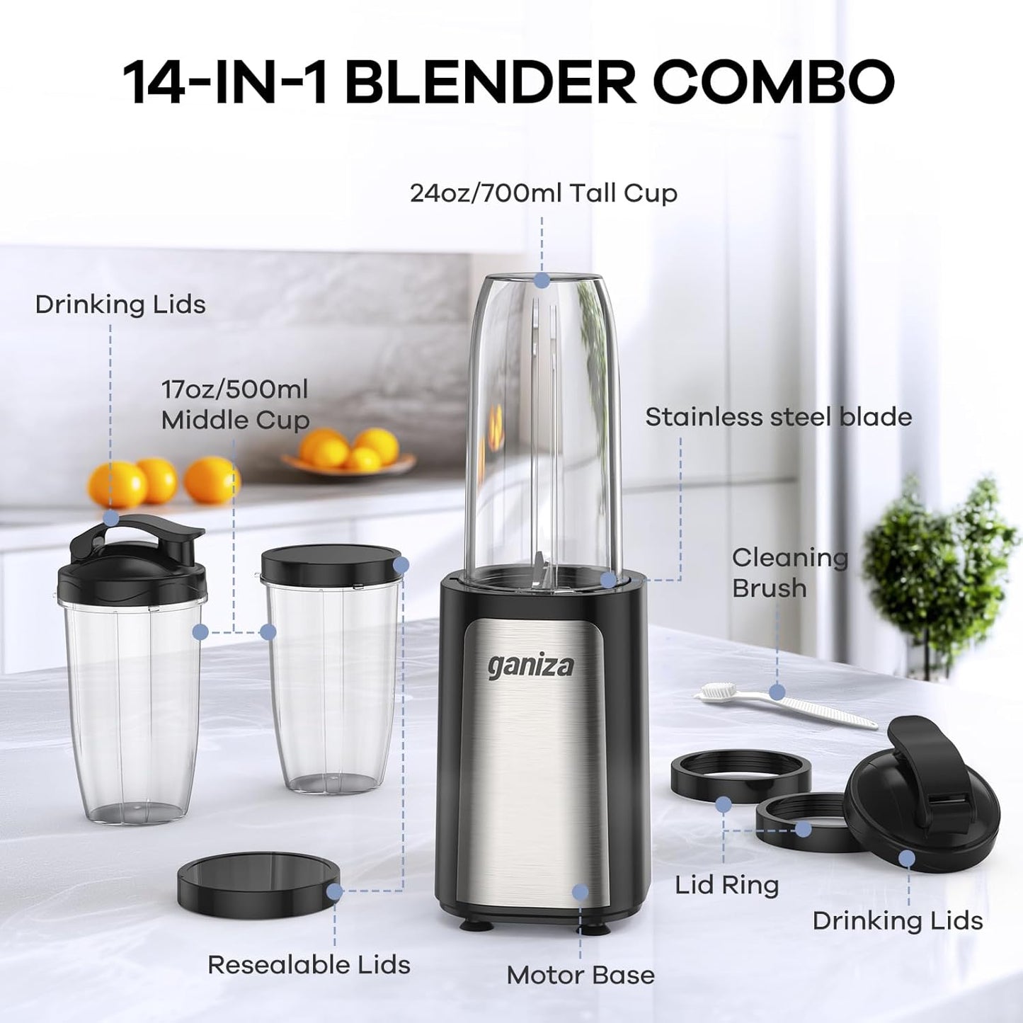 Ganiza Mixer, 900W Mini Smoothie Maker, Standmixer mit 3 Tragbare Mixbechern(2×500ml & 1×700ml)
