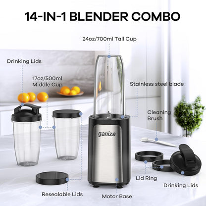 Ganiza Mixer, 900W Mini Smoothie Maker, Standmixer mit 3 Tragbare Mixbechern(2×500ml & 1×700ml)