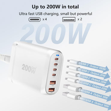 200W USB C Ladegerät Mehrfach, 6 Ports (4C + 2A) GaN III Schnellladegerät