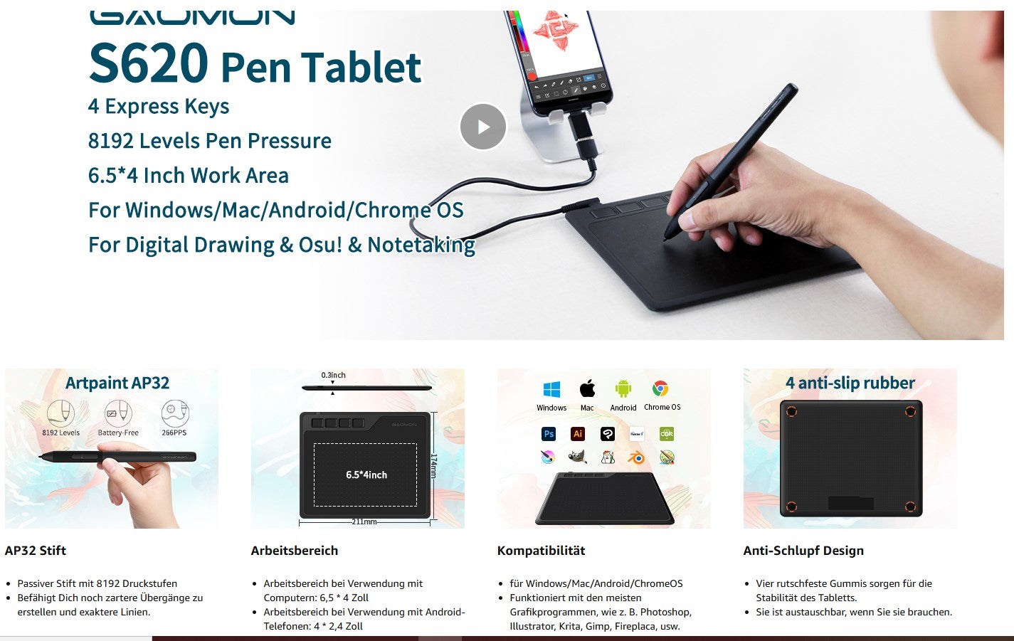 Tablette tactile GAOMON S620 avec 4 touches et stylet, adaptée au travail et à l'apprentissage à distance, idéale pour OSU !