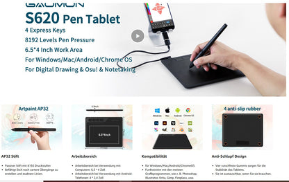 Tablette tactile GAOMON S620 avec 4 touches et stylet, adaptée au travail et à l'apprentissage à distance, idéale pour OSU !