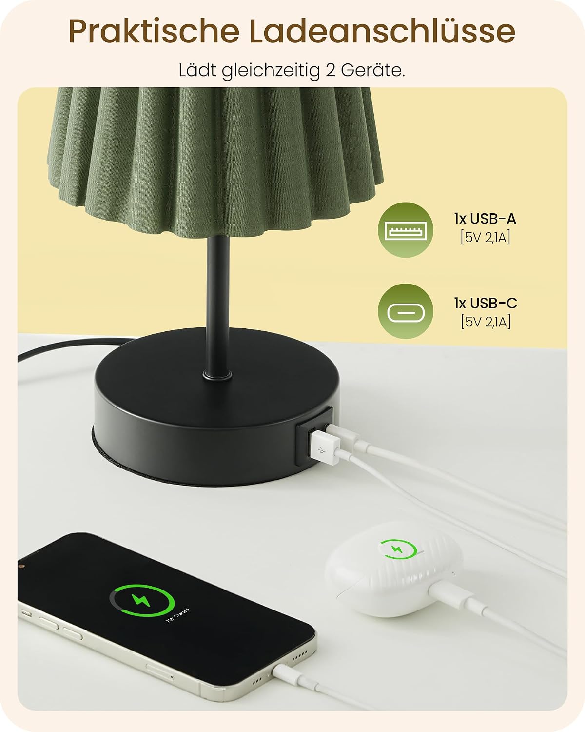 Goebleson Nachttischlampen 2er Set Touch Dimmbar mit USB Ladefunktion Grün