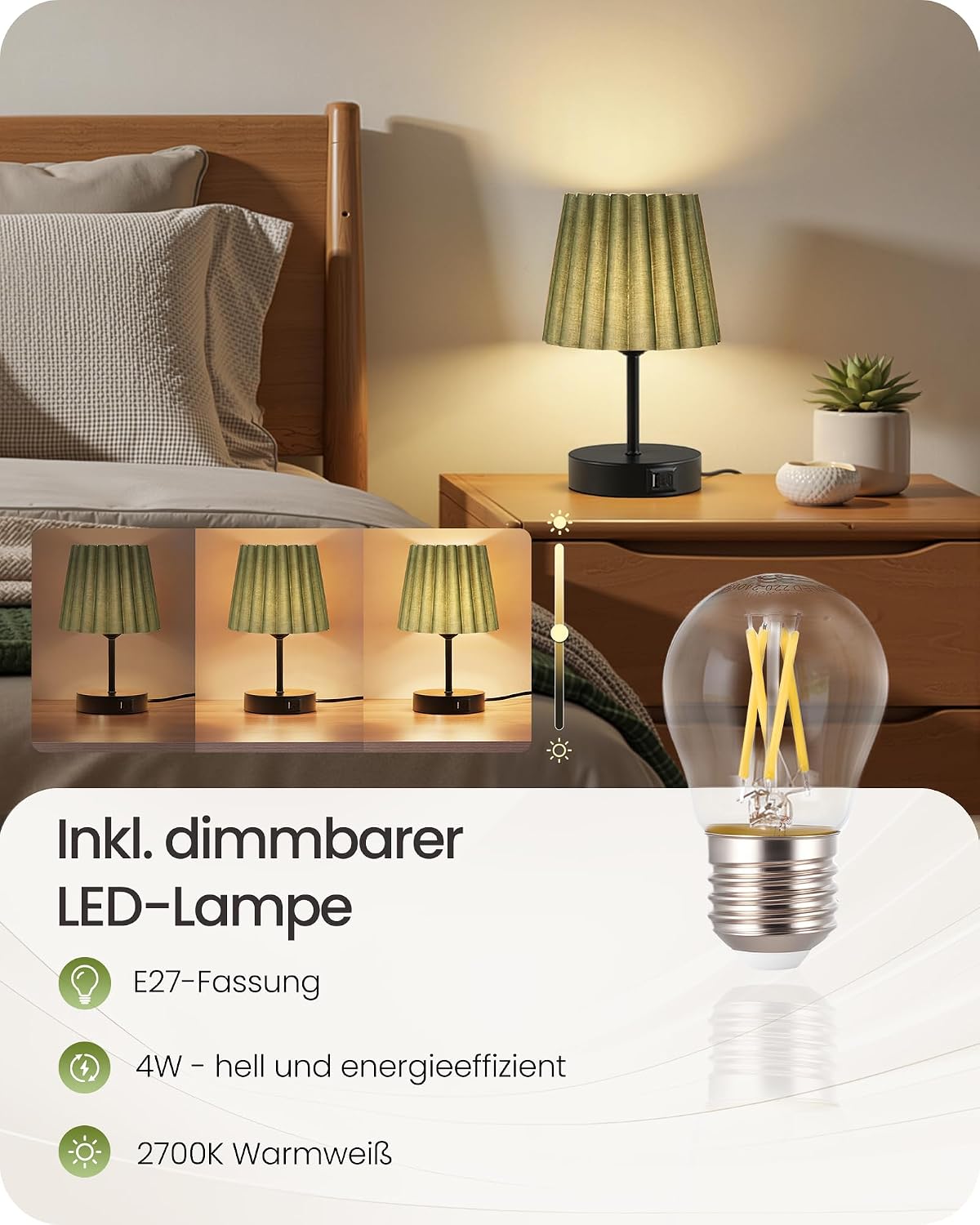 Goebleson Nachttischlampen 2er Set Touch Dimmbar mit USB Ladefunktion Grün