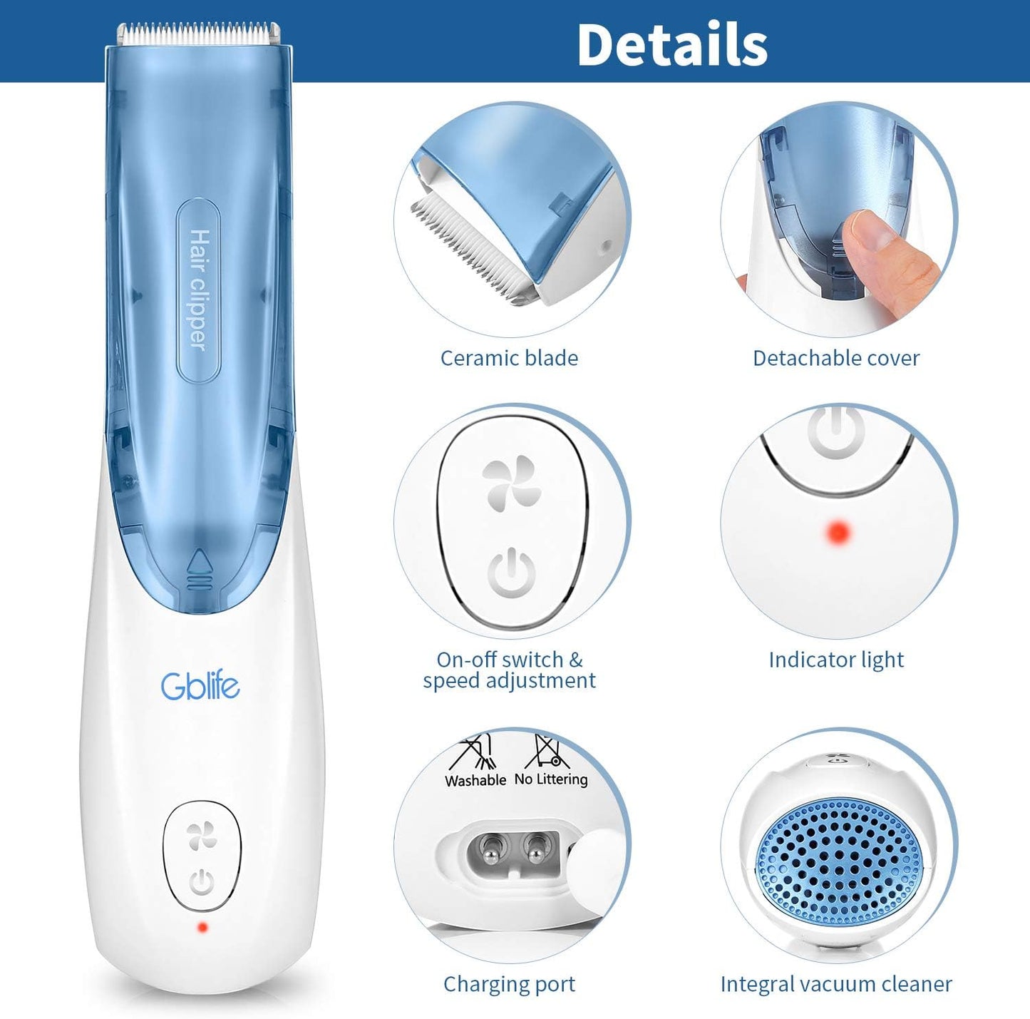 Gblife Kinder Haarschneider Elektronischer Haarschneidemaschine Kit mit Großem Haar-Aufbewahrungsbox automatischer Erfassung Haarschneider Funktion Safe Ceramic Blade für Kleiner Kinder