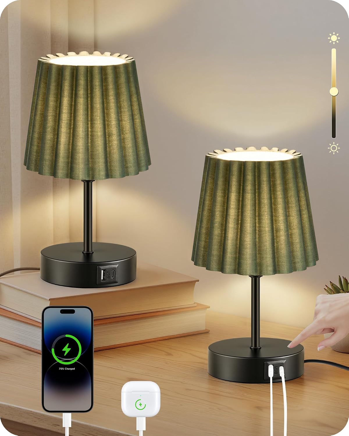 Goebleson Nachttischlampen 2er Set Touch Dimmbar mit USB Ladefunktion Grün