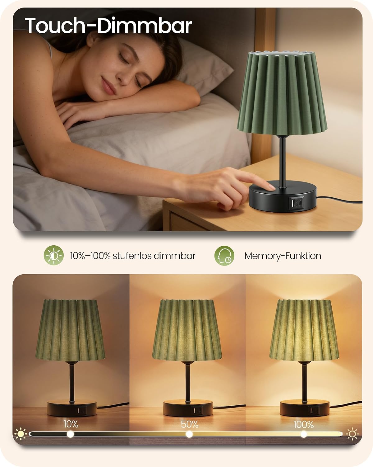 Goebleson Nachttischlampen 2er Set Touch Dimmbar mit USB Ladefunktion Grün