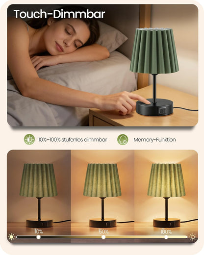 Goebleson Nachttischlampen 2er Set Touch Dimmbar mit USB Ladefunktion Grün