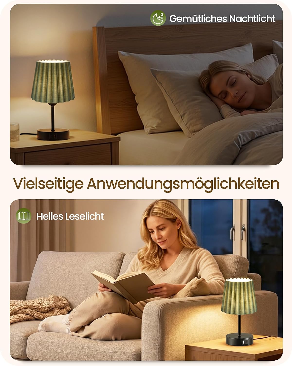 Goebleson Nachttischlampen 2er Set Touch Dimmbar mit USB Ladefunktion Grün