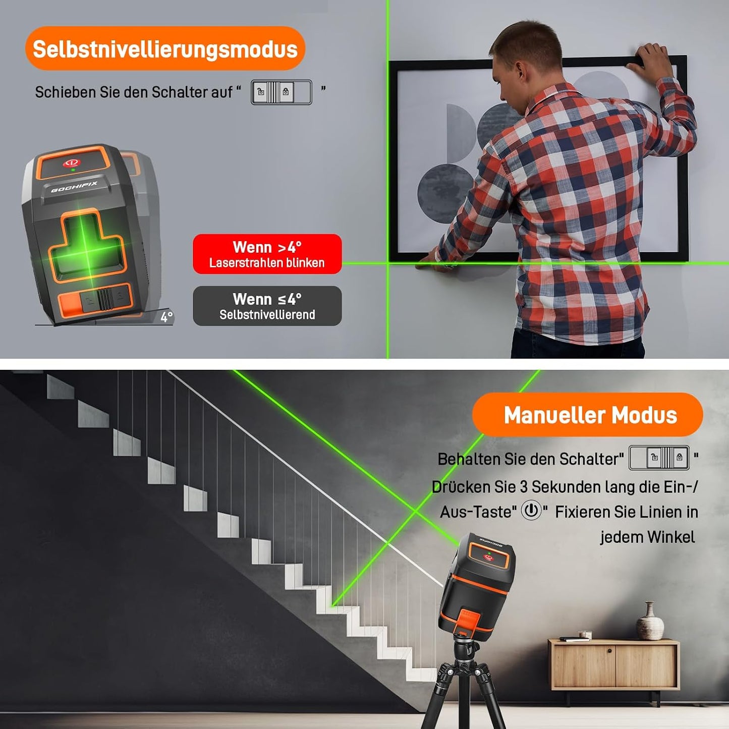 GOCHIFIX LG0102 Kreuzuinienlaser Grün Selbstnivellierender Laser Wasserwaage