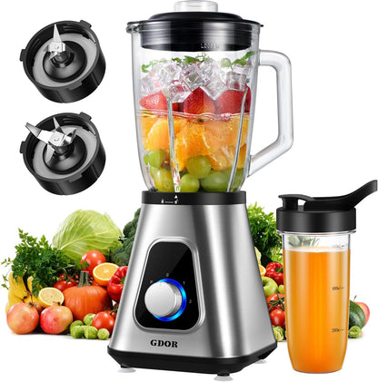 GDOR 1200W Standmixer 2-1Smoothie Maker mit 1,5L Glaskrug und 650ml Reisebecher