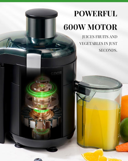 GDOR Entsafter, 600 W Entsaftermaschinen mit 65 mm Einfüllschacht für Obst und Gemüse