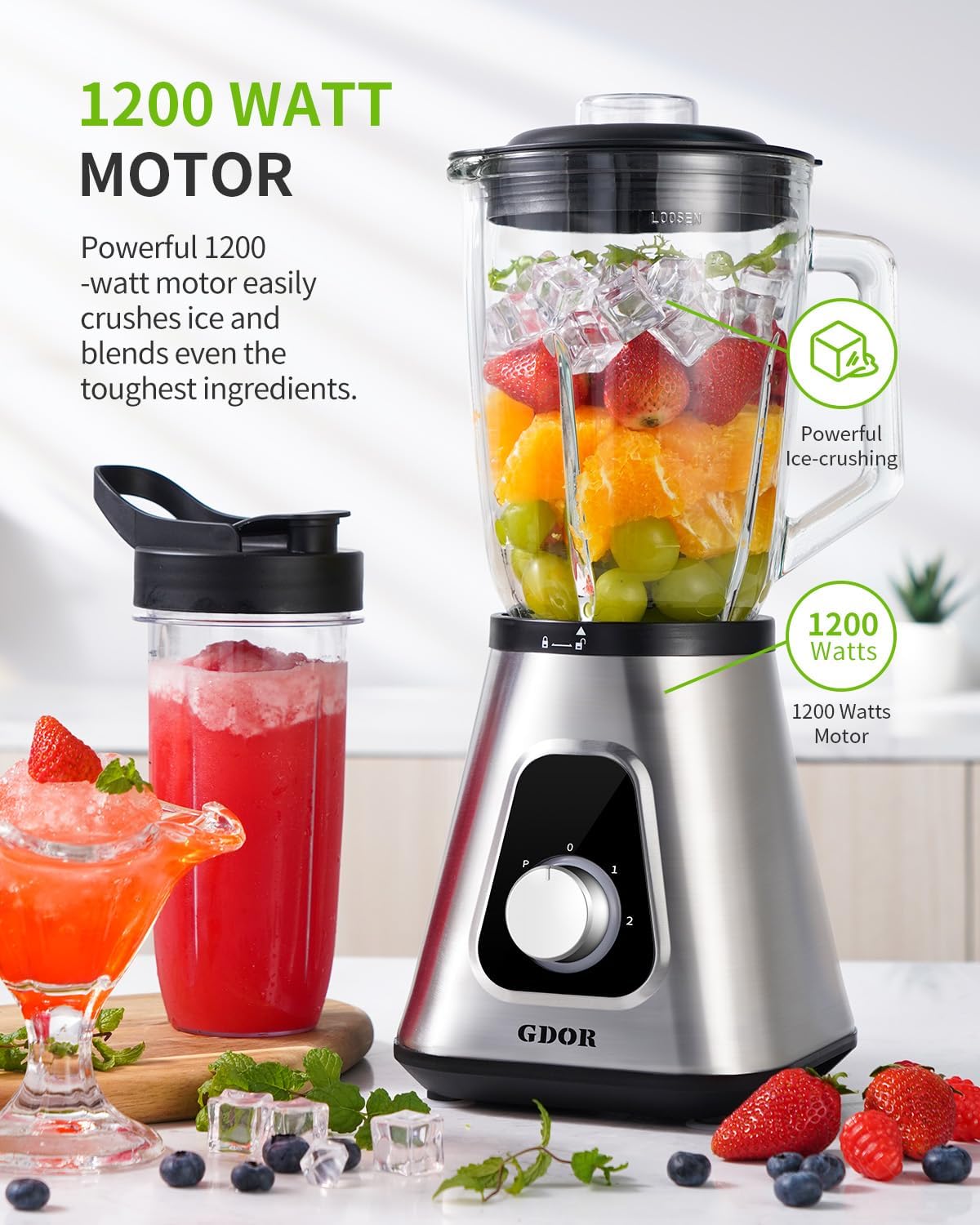 GDOR 1200W Standmixer 2-1Smoothie Maker mit 1,5L Glaskrug und 650ml Reisebecher