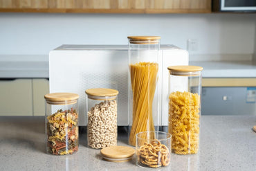 GENICOOK Borosilikatglas-Dosenset  Bambusdeckeln – 10-teiliges Set (5 Glasbehälter, 5 Bambusdeckel), rund