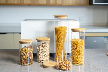 GENICOOK Borosilikatglas-Dosenset  Bambusdeckeln – 10-teiliges Set (5 Glasbehälter, 5 Bambusdeckel), rund