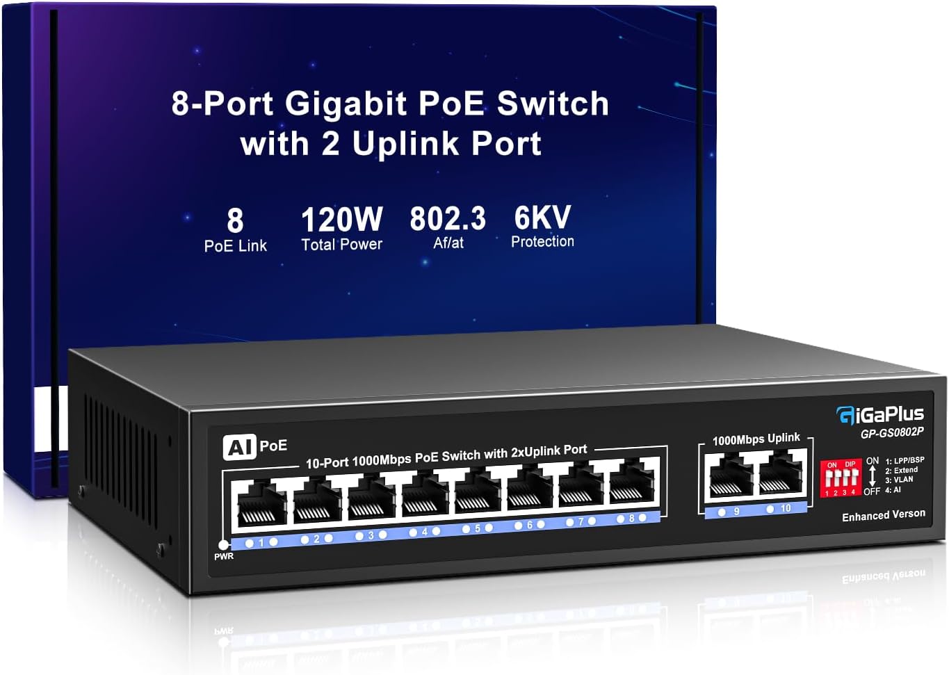 GigaPlus 10 Port Gigabit PoE Switch with 8 Port PoE+ 1000Mbps, 2x1000Mbps Uplink