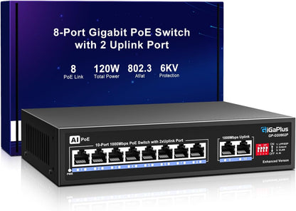 GigaPlus 10 Port Gigabit PoE Switch with 8 Port PoE+ 1000Mbps, 2x1000Mbps Uplink