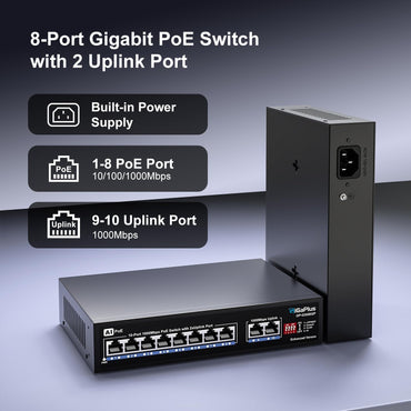 GigaPlus 10 Port Gigabit PoE Switch with 8 Port PoE+ 1000Mbps, 2x1000Mbps Uplink