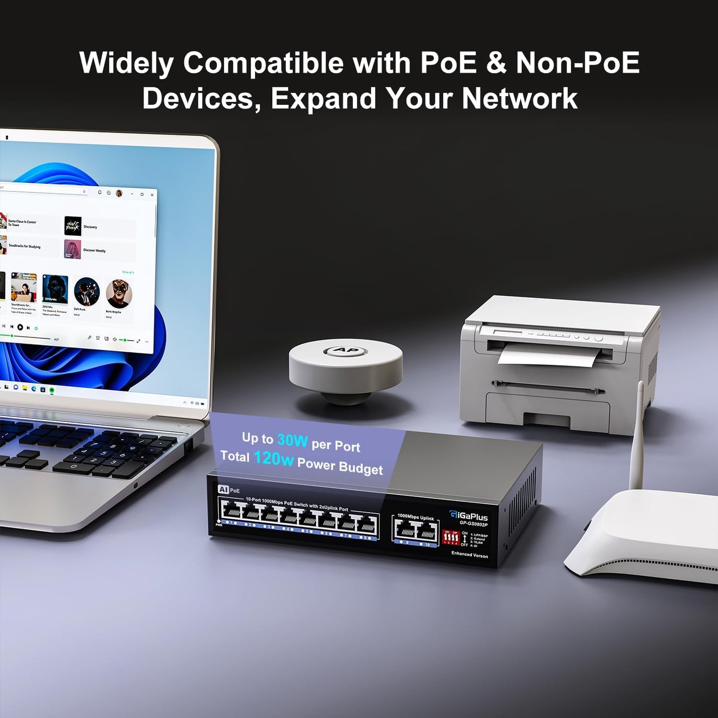 GigaPlus 10 Port Gigabit PoE Switch with 8 Port PoE+ 1000Mbps, 2x1000Mbps Uplink