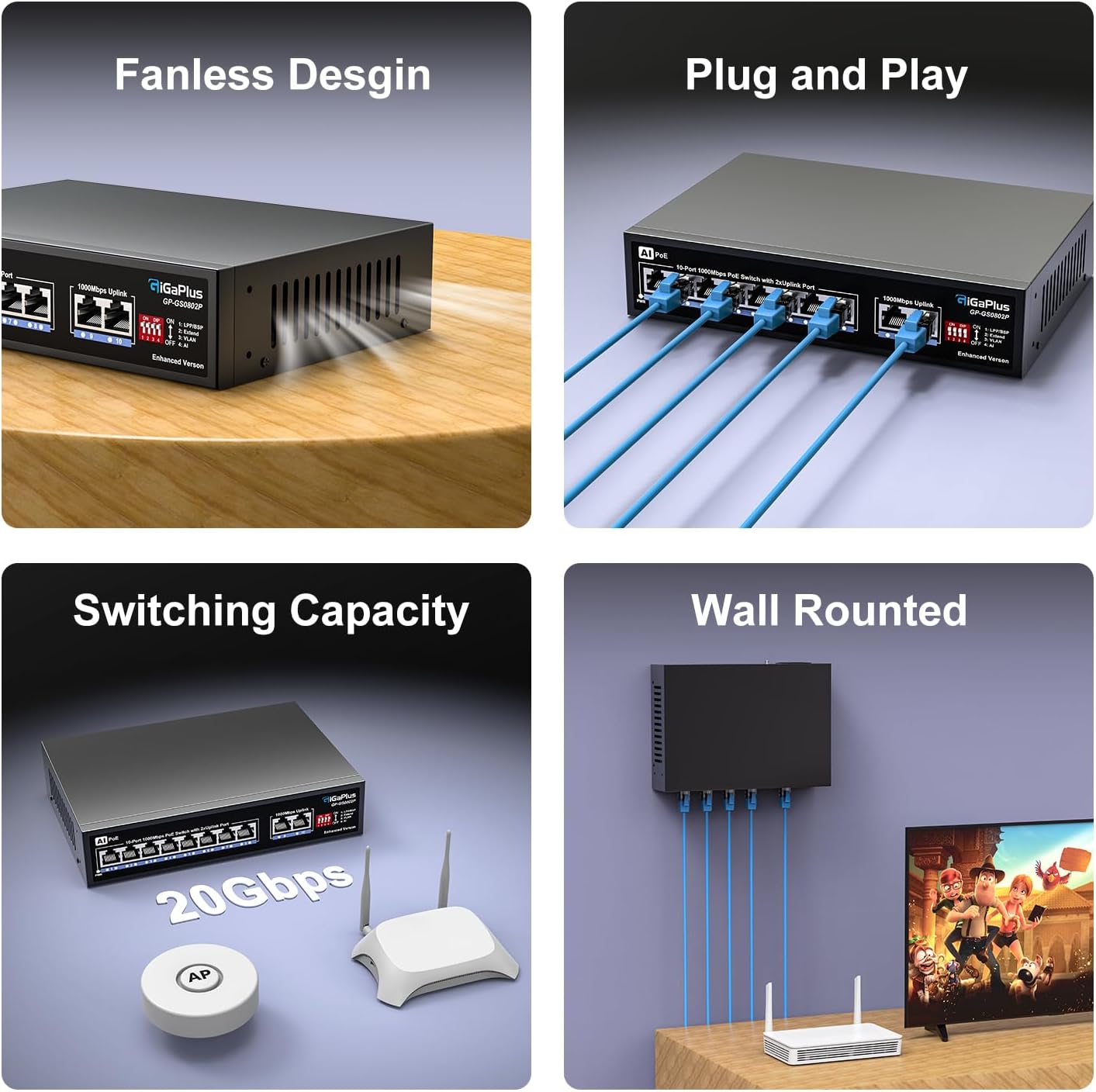 GigaPlus 10 Port Gigabit PoE Switch with 8 Port PoE+ 1000Mbps, 2x1000Mbps Uplink