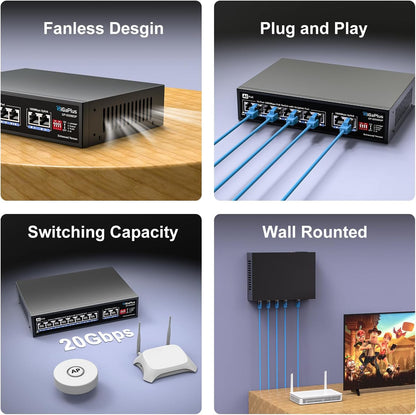 GigaPlus 10 Port Gigabit PoE Switch with 8 Port PoE+ 1000Mbps, 2x1000Mbps Uplink