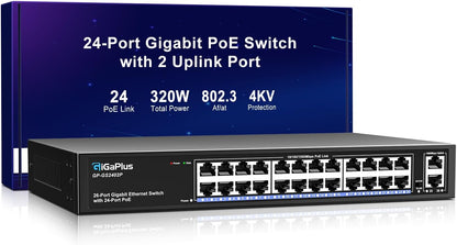 Gigaplus 26 Port Gigabit PoE Switch with 24 Port PoE+ 1000Mbps,2x1000Mbps Uplink,