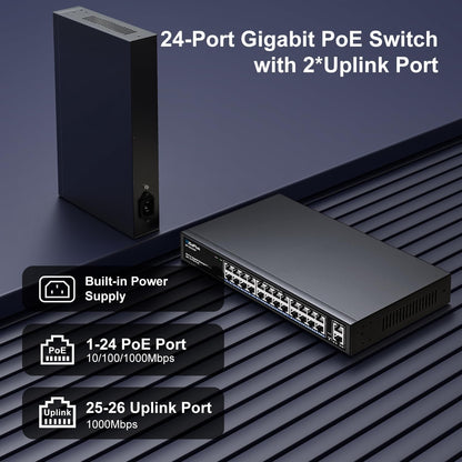Gigaplus 26 Port Gigabit PoE Switch with 24 Port PoE+ 1000Mbps,2x1000Mbps Uplink,