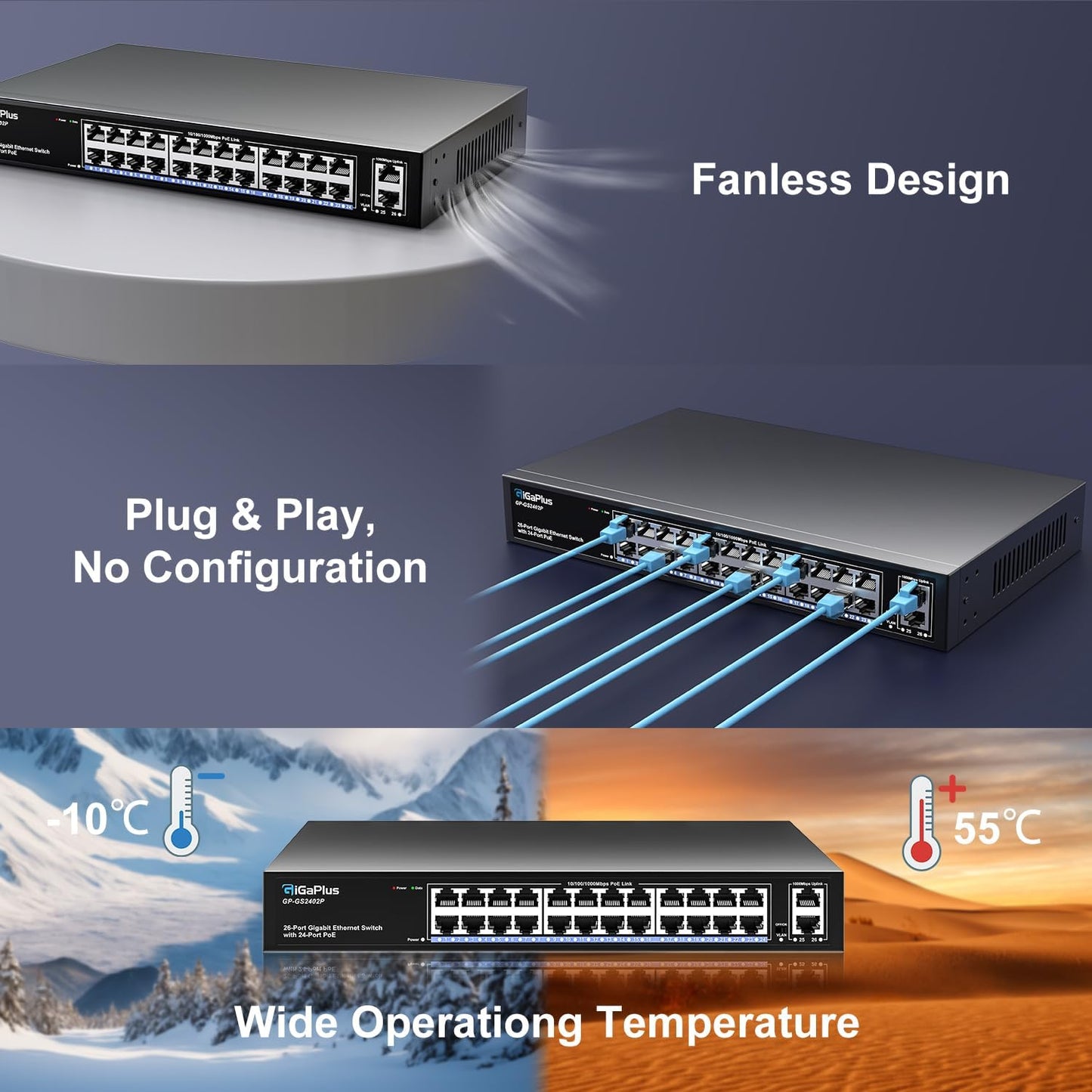 Gigaplus 26 Port Gigabit PoE Switch with 24 Port PoE+ 1000Mbps,2x1000Mbps Uplink,