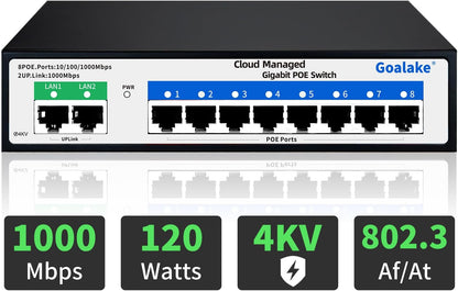 Goalake Switch PoE Gigabit 10 Port Cloud Managed, 8x PoE+ Ports 120W, 2x Uplink Gigabit