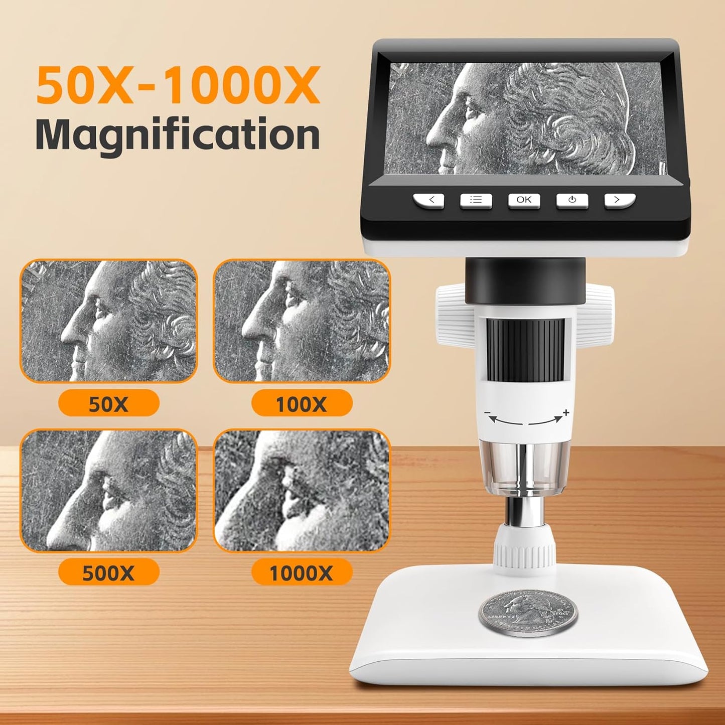 GlobalCrown Mikroskop digital 4,3 Zoll 1000X facher Vergrößerung und 8 verstellbaren LED-Lichtern
