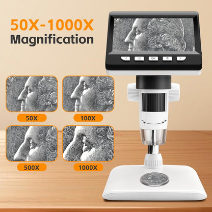 GlobalCrown Mikroskop digital 4,3 Zoll 1000X facher Vergrößerung und 8 verstellbaren LED-Lichtern