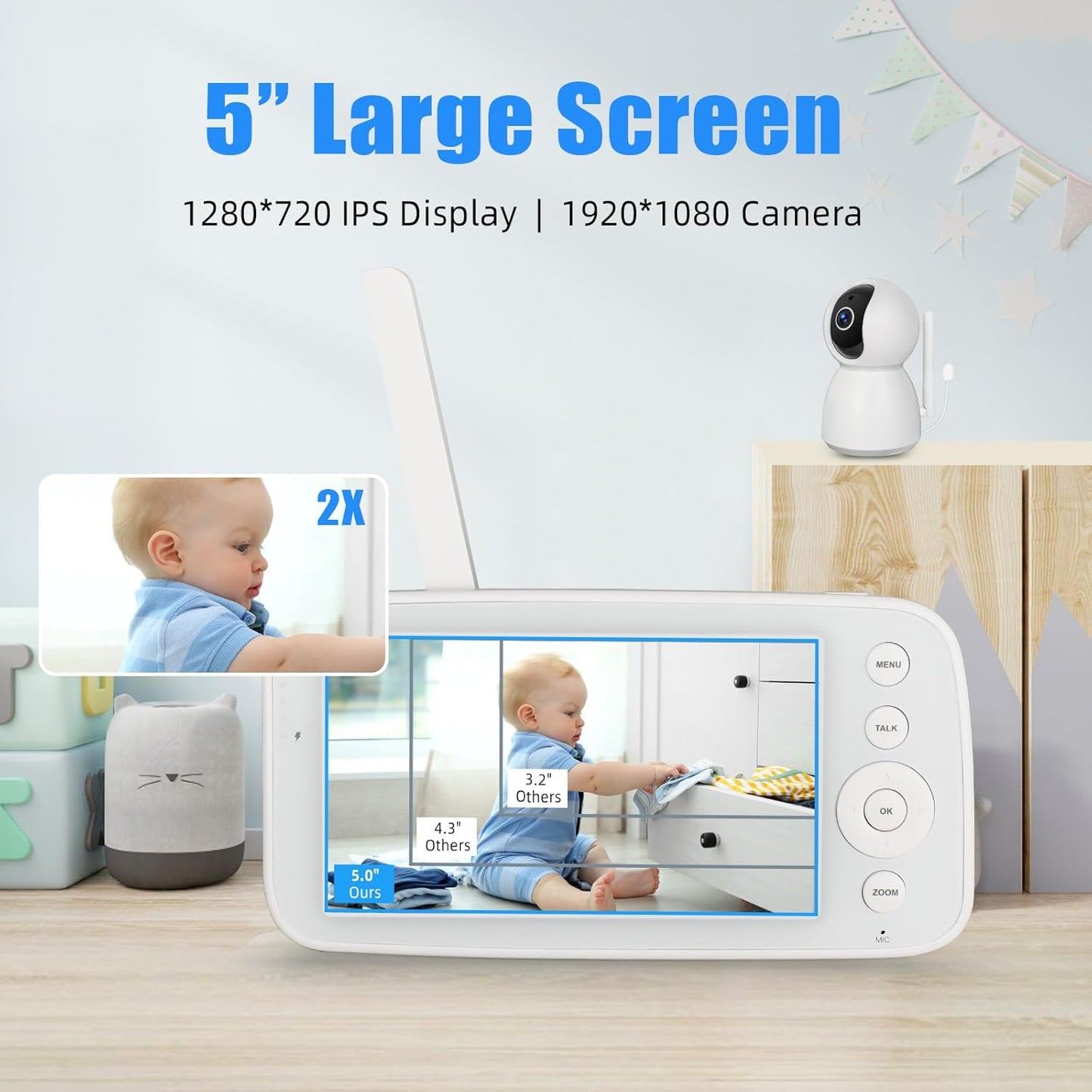 Gleeso Babyphone, 5 Zoll HD 1280 x 720 IPS-Display, Video-Babyphone mit Kamera und Audio