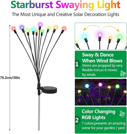 Glovios Firefly Solar Gartenfeuerzeug 10 LED, 4 Stück Solarlampen für den Garten im Freien, schwingende Glühwürmchen Solarleuchten, wasserdicht, (RGB)