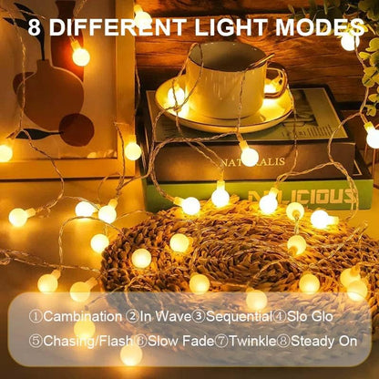 Guirlande de briquets Kugel, 10 m, 100 LED, 8 modes, variateur d'intensité, minuterie, pour l'extérieur