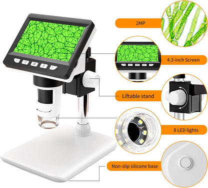 GlobalCrown Mikroskop digital 4,3 Zoll 1000X facher Vergrößerung und 8 verstellbaren LED-Lichtern