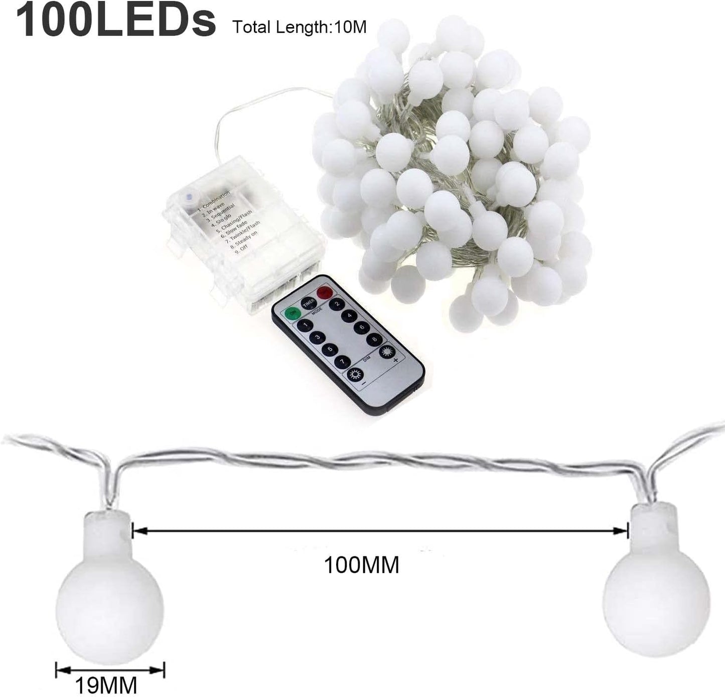 Guirlande de briquets Kugel, 10 m, 100 LED, 8 modes, variateur d'intensité, minuterie, pour l'extérieur