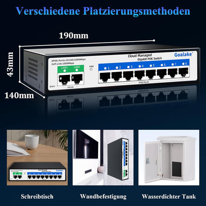 Goalake Switch PoE Gigabit 10 Port Cloud Managed, 8x PoE+ Ports 120W, 2x Uplink Gigabit