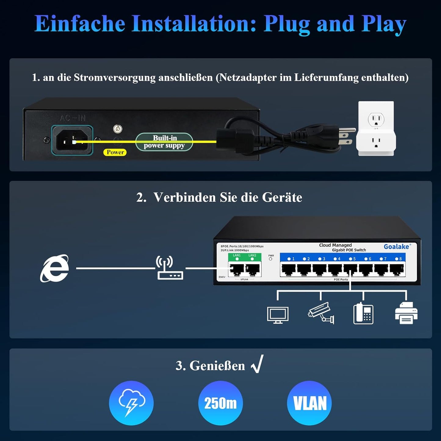 Goalake Switch PoE Gigabit 10 Port Cloud Managed, 8x PoE+ Ports 120W, 2x Uplink Gigabit