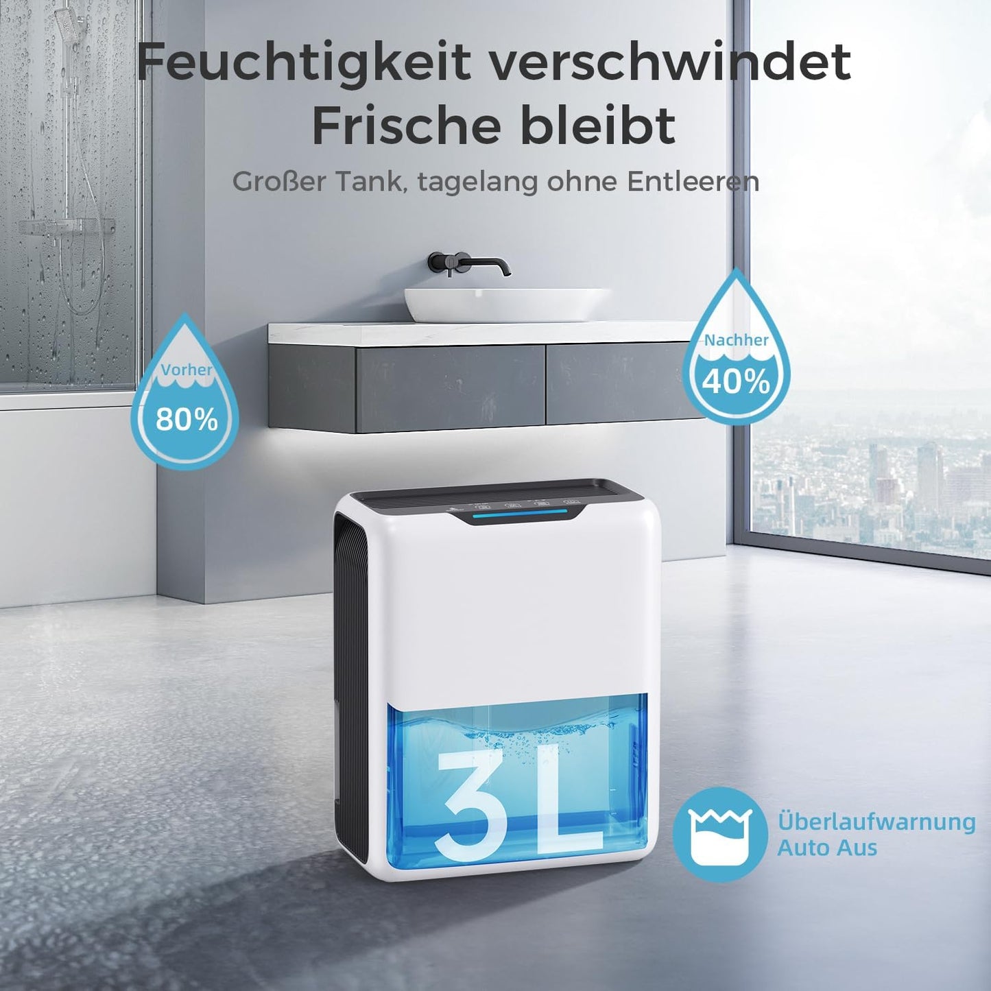 Luftentfeuchter 3L, Elektrisch für 20㎡,Dual Peltier,30dB,24H Timer