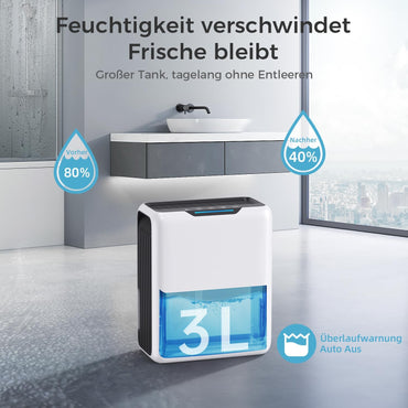 Luftentfeuchter 3L, Elektrisch für 20㎡,Dual Peltier,30dB,24H Timer