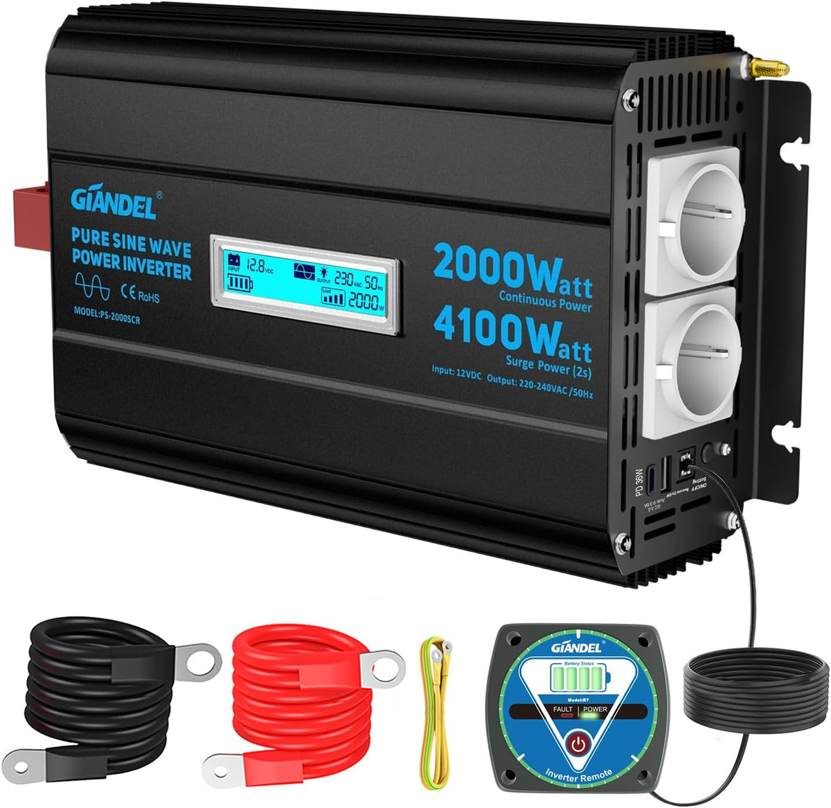 GIANDEL 2000W Wechselrichter 12V auf 230V Reiner Sinus Spannungswandler 