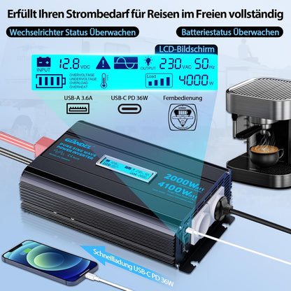 GIANDEL 2000W Wechselrichter 12V auf 230V Reiner Sinus Spannungswandler 