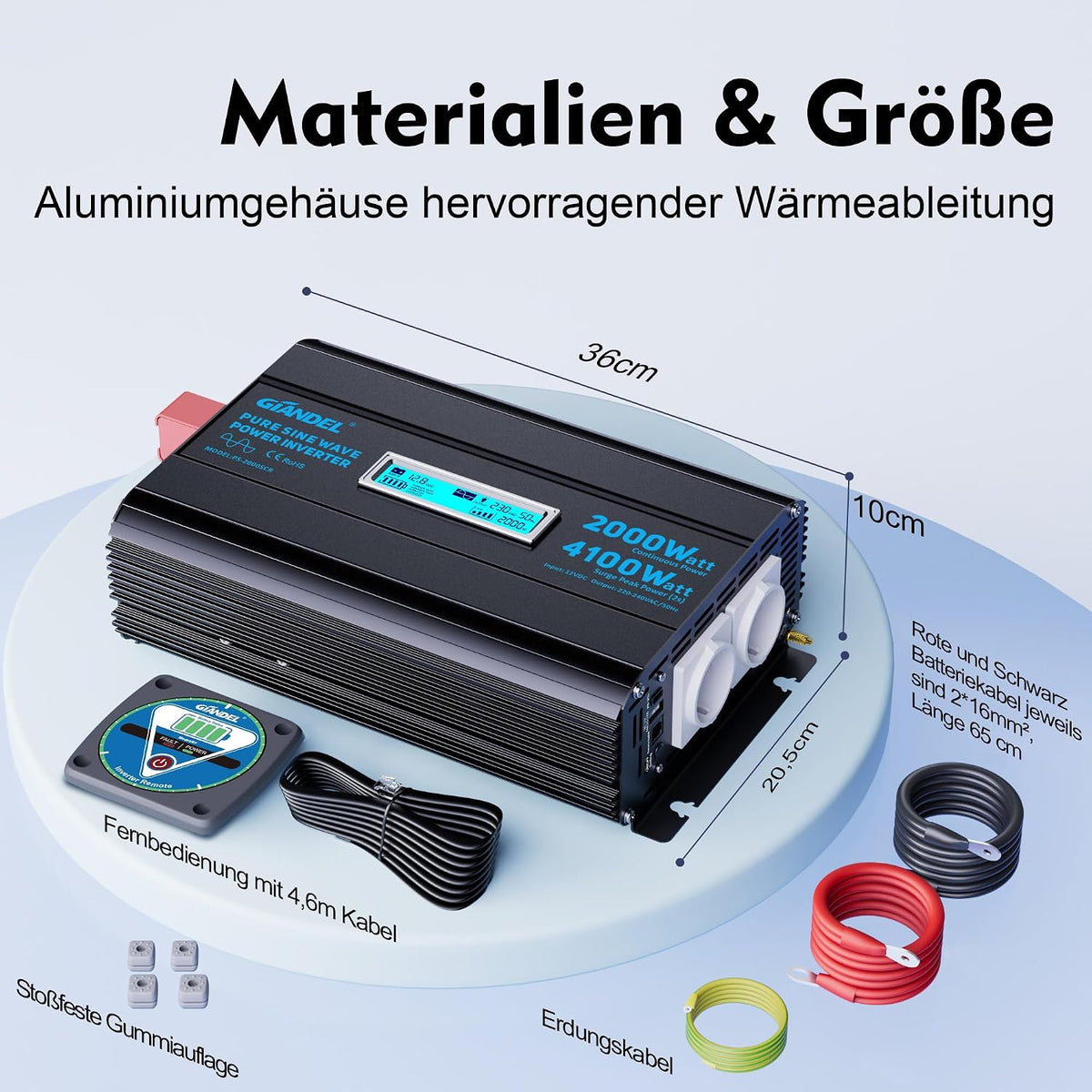 GIANDEL 2000W Wechselrichter 12V auf 230V Reiner Sinus Spannungswandler 