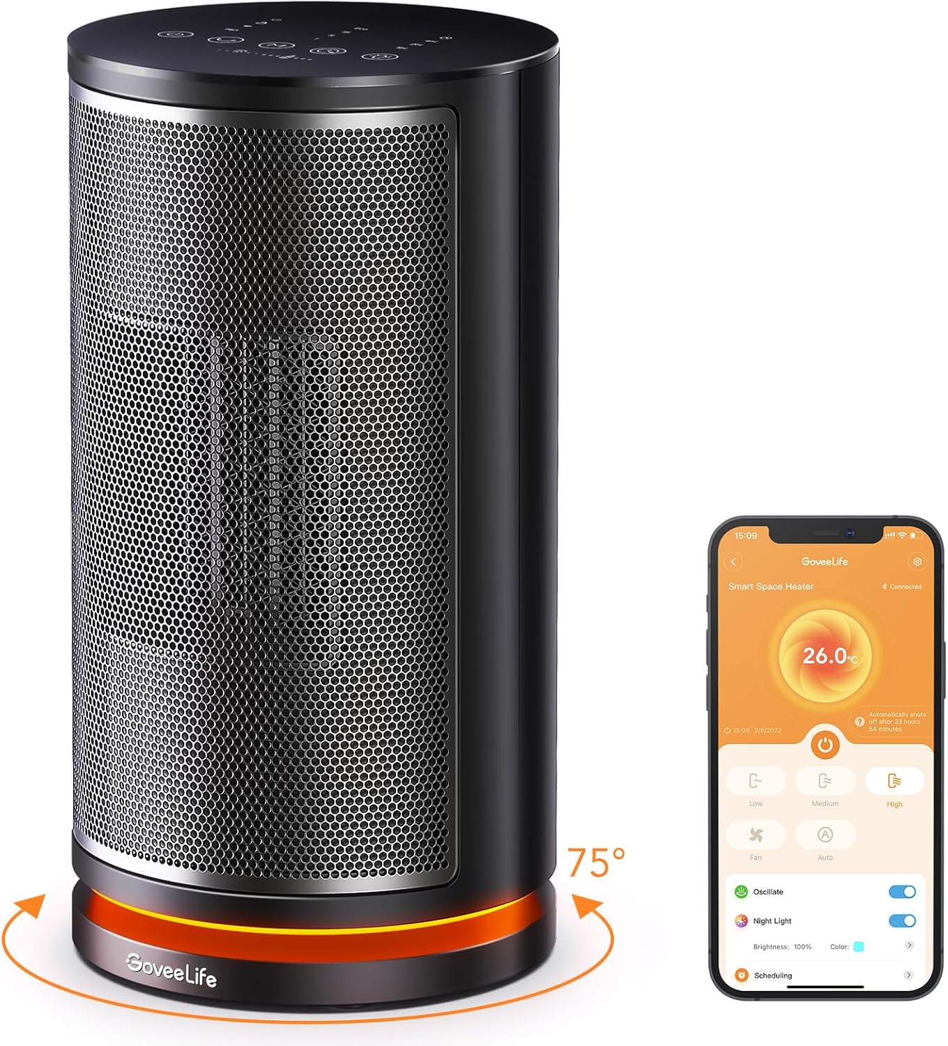 GoveeLife Intelligenter Keramik-Heizlüfter,mit Thermostat, 75°-Oszillation, App- und Sprachsteuerung,