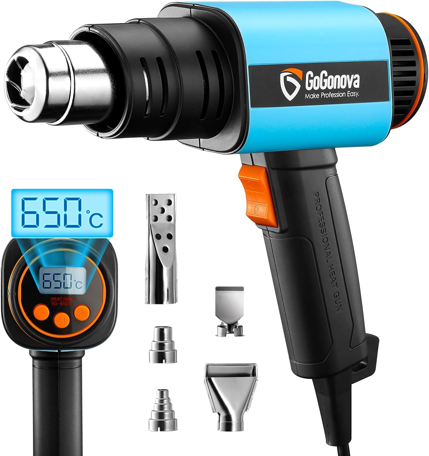 GoGonova 2000W Chauffage haute température avec écran numérique LCD, 50 ℃ - 650 ℃ Haute température avec écran LCD, 5 lumières, 2 flux d'air, idéal pour les fers à repasser, les lits, les rideaux