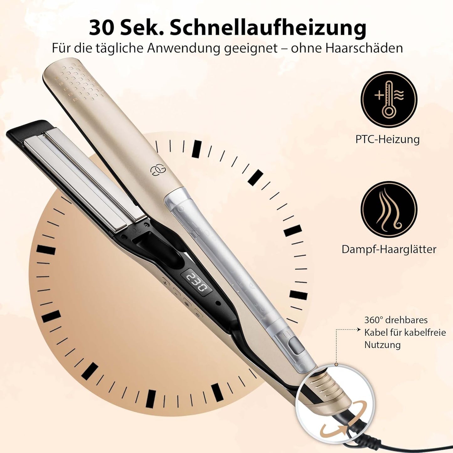 Golden Goods Glätteisen 2-in-1 Professionnel Steam,Dampfglätter, Hair Straightener,Champagner